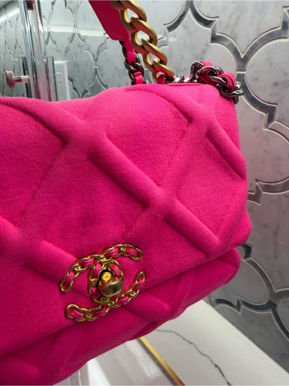 CHANEL Neon Pink Quilted Jersey Maxi 19 Flap Gold Hardware, 2020